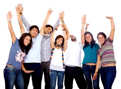happy group of friends with arms up isolated over a white background